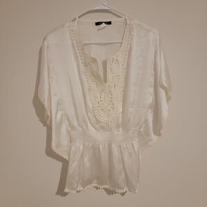 Vintage Womens‎ Satin Cinched Waist Top Beaded White Lace Trim Flowy Medium M
